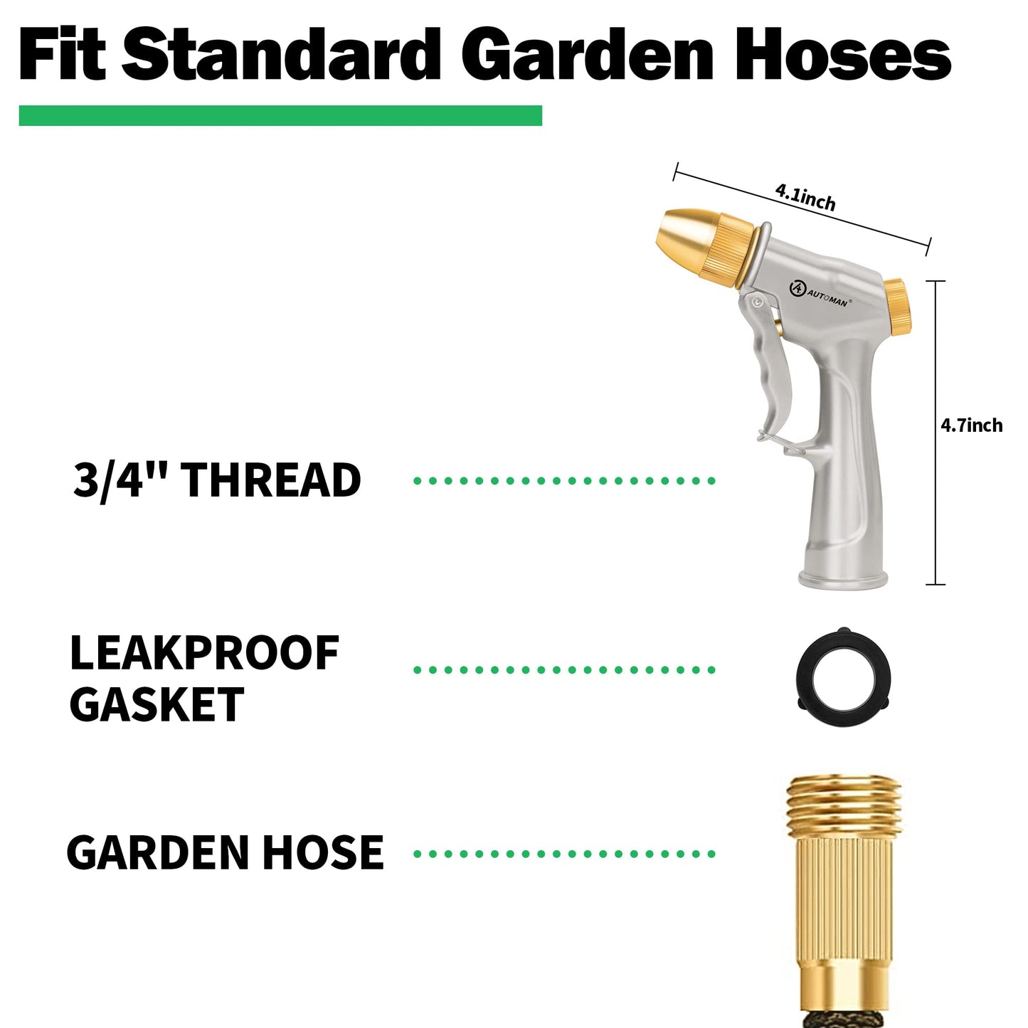 AUTOMAN Garden Hose Nozzle Sprayer - High Pressure 100% Metal Water Spray Nozzle With 4 Patterns - Heavy Duty for Watering Plants, Lawns, Washing Cars & Pets