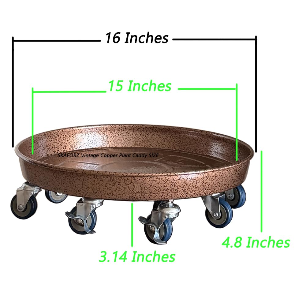 SKAFORZ Rolling Planter Caddy(460lbs Capacity), Heavy Duty Metal Plant Stand with Brake Wheels Plant Dolly Mover Plant Pot Tray Saucer for Indoor Outdoor 16inches Copper,2Pack