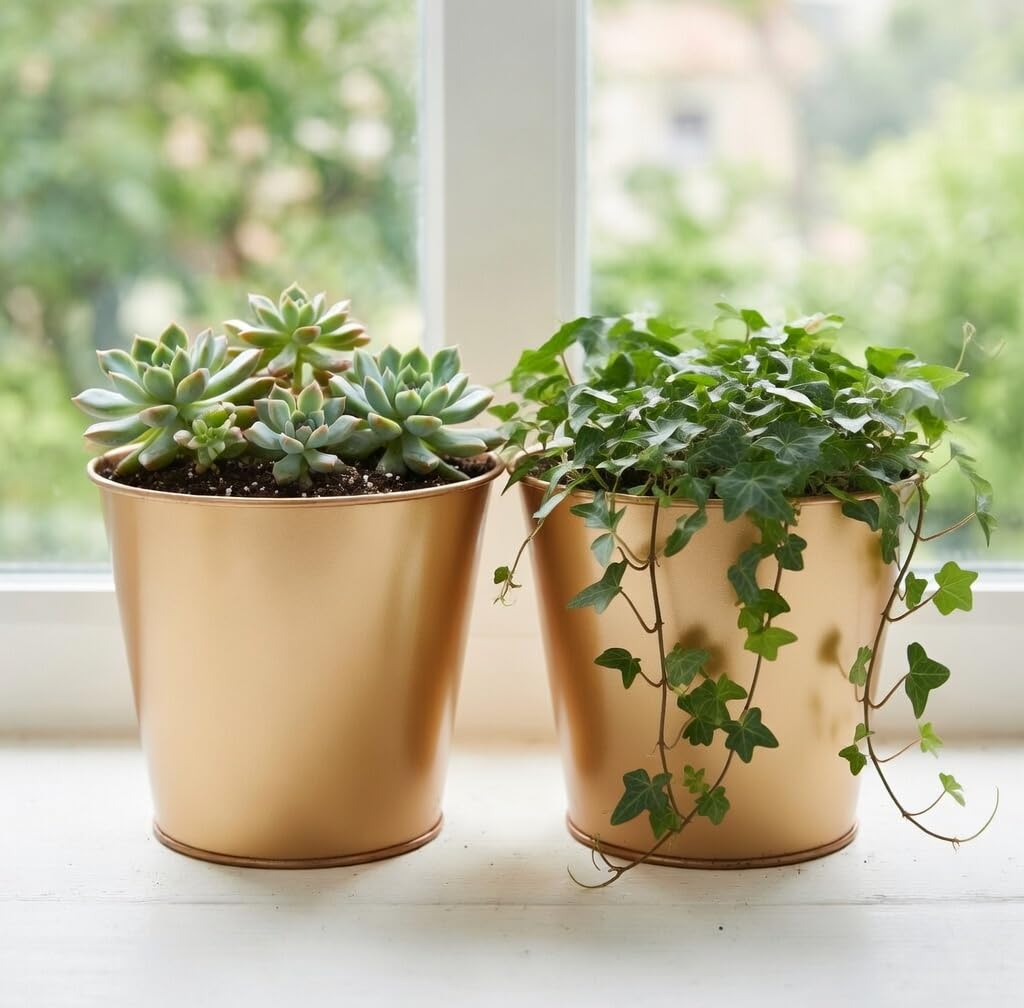 Hosley Set of 2 Gold Bucket/Pots with PVC Liner, 6.5" Dia x 6" H Ideal Gift for Floral Arrangements Wedding Home Office Party DIY Indoor Outdoor Garden Patio