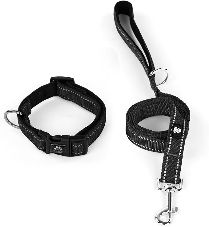 IVY&LANE Reflective Dog Collar and Leash Set,Adjustable Neoprene Padded Dog Collars for Puppy, Breathable Nylon Pet Collar for Small Medium Large Dogs (Small,Black)