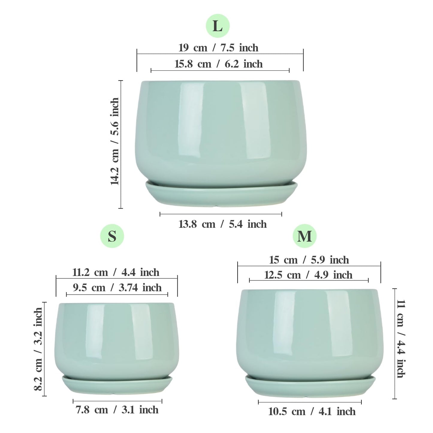 GDSZJLJ Ceramic Indoor Pots for Plants,7.5+5.9+4.4 Inch Set of 3,Flower Pots with Drainage Holes and Saucers,Planters Pot with Hole Mesh Pad,Large Planters for Indoor Plants,Gift for Mom,Aqua
