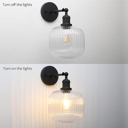 Pathson Modern Wall Sconce Lamp Clear Striped Round Glass, Hardwired Vintage Wall Vanity Light Fixture for Farmhouse Living Room Bedroom Bathroom Loft