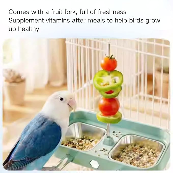 Bird Feeder Birds Bowls Stainless Steel Dishes Coop Cups with Fruit Skewer, Parrot Feeding Dish Cups Food Water Bowls with Bird Food Holder for Budgies Lovebirds (Yellow,Oval)