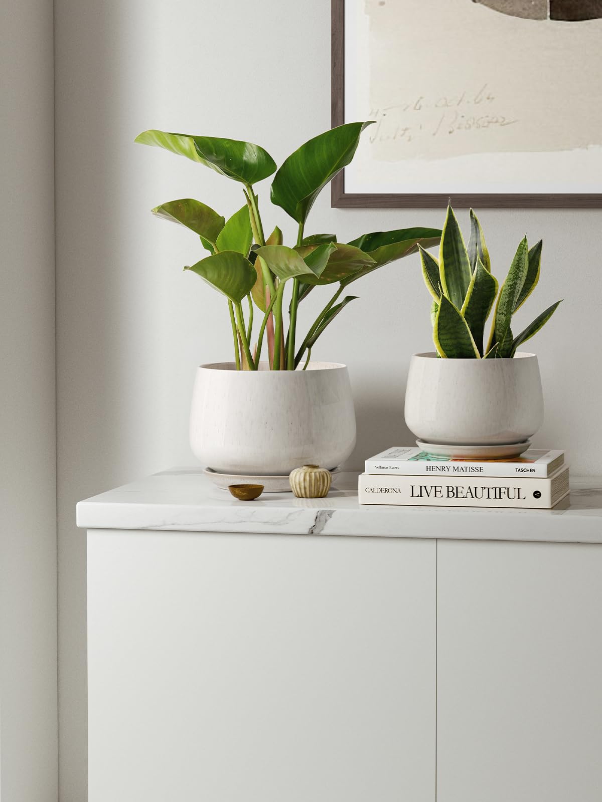 LE TAUCI Plant Pots, 4.1+5.1+6.5 inch, Set of 3, Ceramic Planters with Drainage Hole and Saucer, Indoor Flower Pot with Hole Mesh Pad, Gifts for Mom, Reactive Glaze Beige