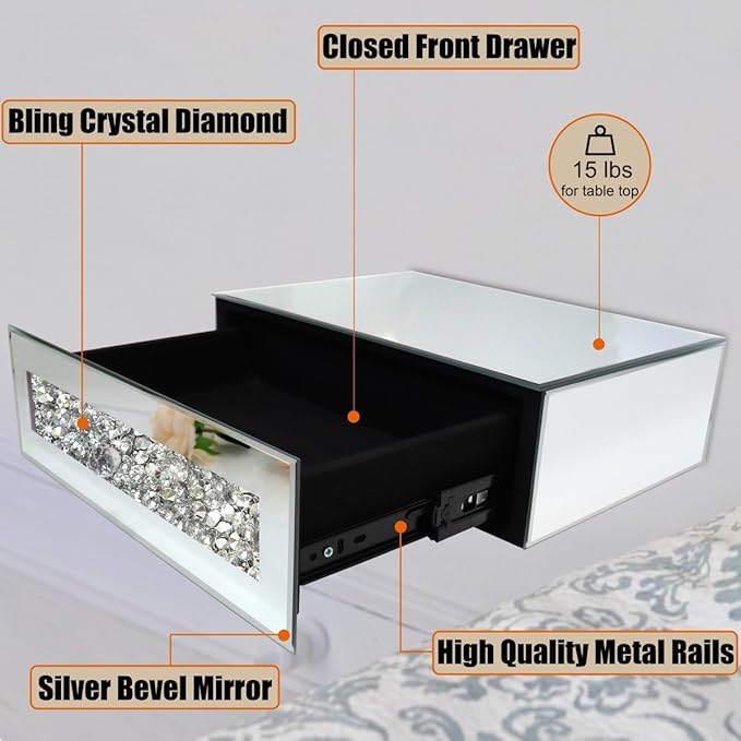 Mirrored Floating Bedside Nightstand