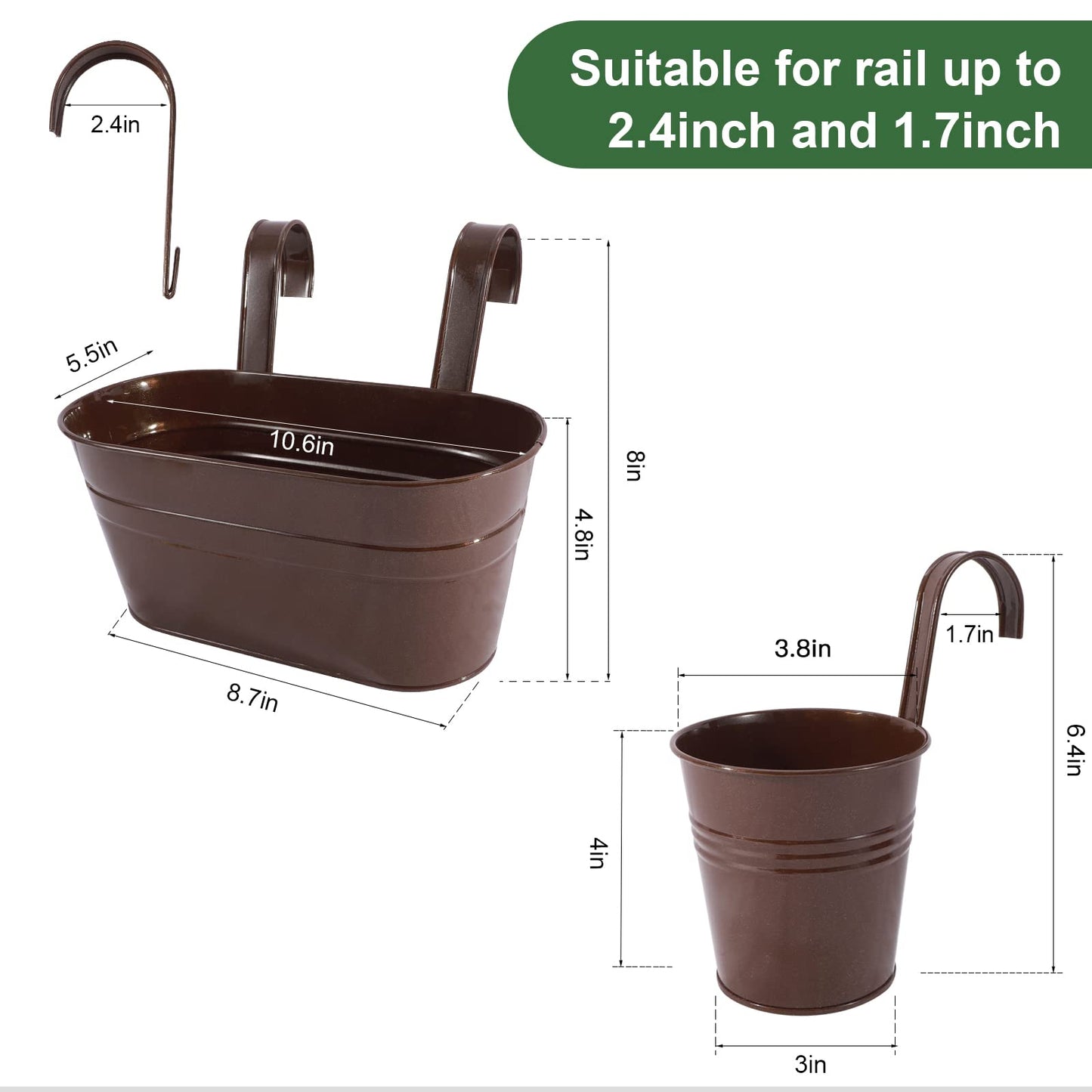 HowRU Metal Iron Flower Pots for Railing Fence Hanging Bucket Pots(5 Pcs) and Hanging Flower Pots Metal Iron Bucket Planter(10 Pcs) (Bronze)