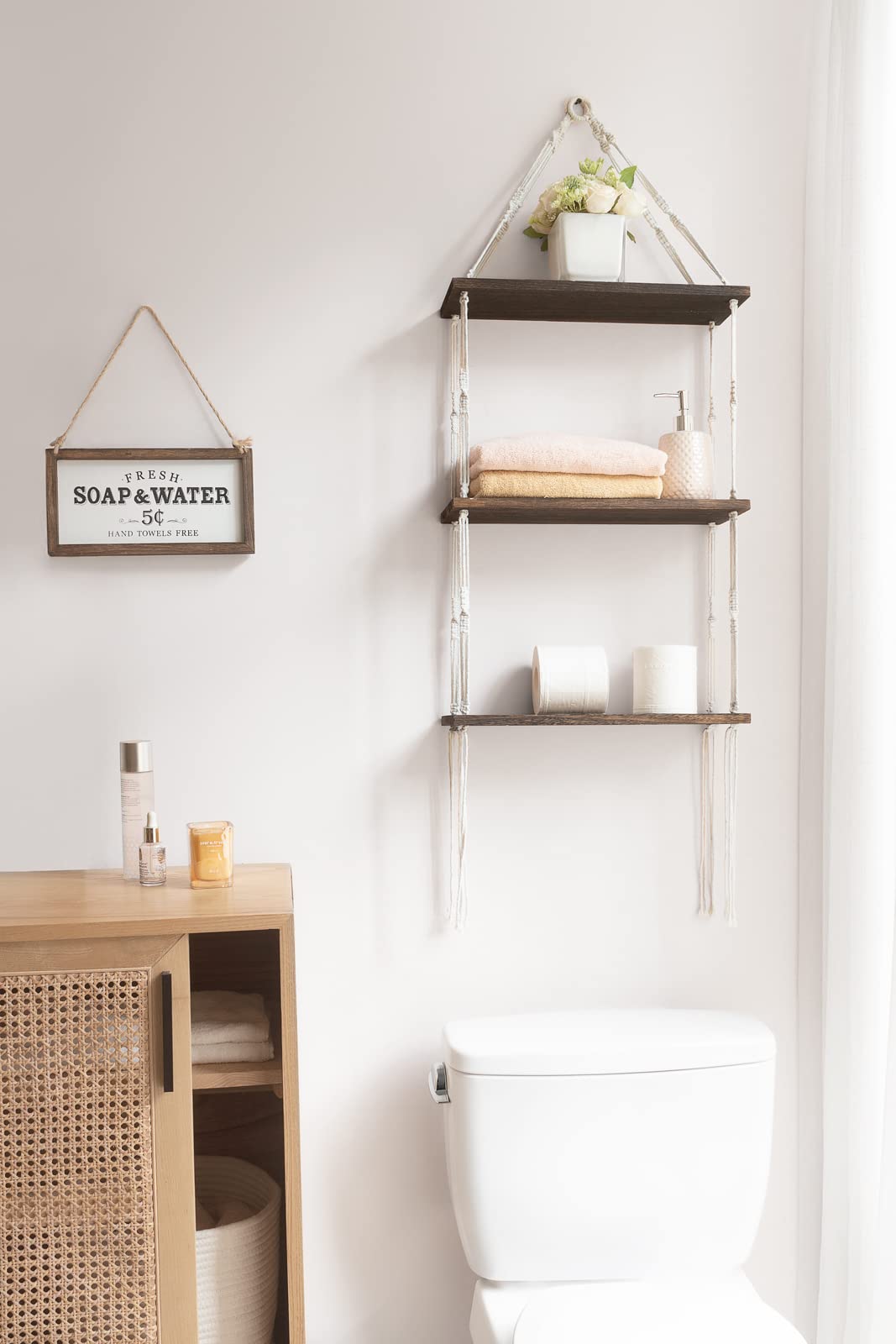 Mkono Macrame Wall Hanging Shelf Wood Floating Shelves with Cute Woven Rope Boho Room Decor Display Photos Plant Hanging Storage Shelves for Bathroom, Bedroom, Living Room, Nursery
