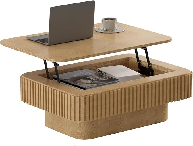 Lift Top Coffee Table for Living Room, Rectangle Handmade Solid Wood Strips