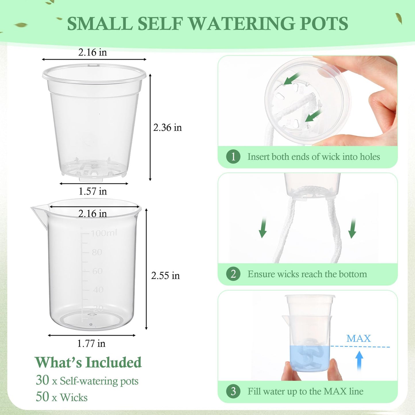 Ferrochef 30 Pcak 2.2'' Small Self Watering Planters for Indoor Plants Mini Clear Pots with Water Level Indicator Plastic Automatic-Watering Pot with Drainage Holes for Semi-hydroponic African Violet