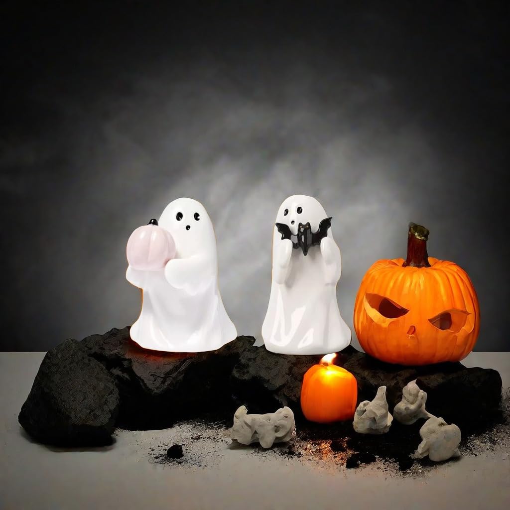 WGXIA Ghost Figurine Decor - 2Packs Small Halloween Ghost Statue for Home Decorative - Cute Mini Spooky Ghosts Pink Halloween Decor for Desk Office Table Centerpieces Ornament (White - Set of 2)