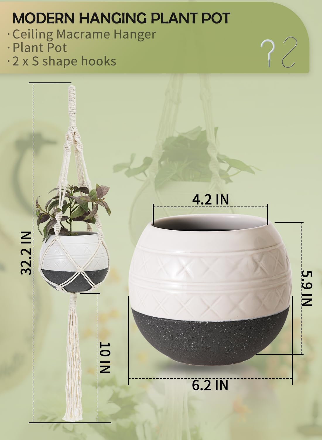 TAMAYKIM 6 Inch Ceramic Hanging Plant Pot with Macrame Plant Hanger & Hooks, Drum Shape Small Flower Planter for Indoor Outdoor, Balcony Garden Decor, White with Grey