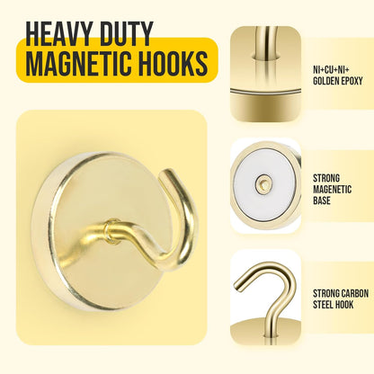 Neosmuk Magnetic Hooks, Heavy Duty 170lb Strong Magnets for Cruise Cabins, Ship Essentials, Large Metal Hooks for Hanging on Fridge(Gold,Pack of 4)