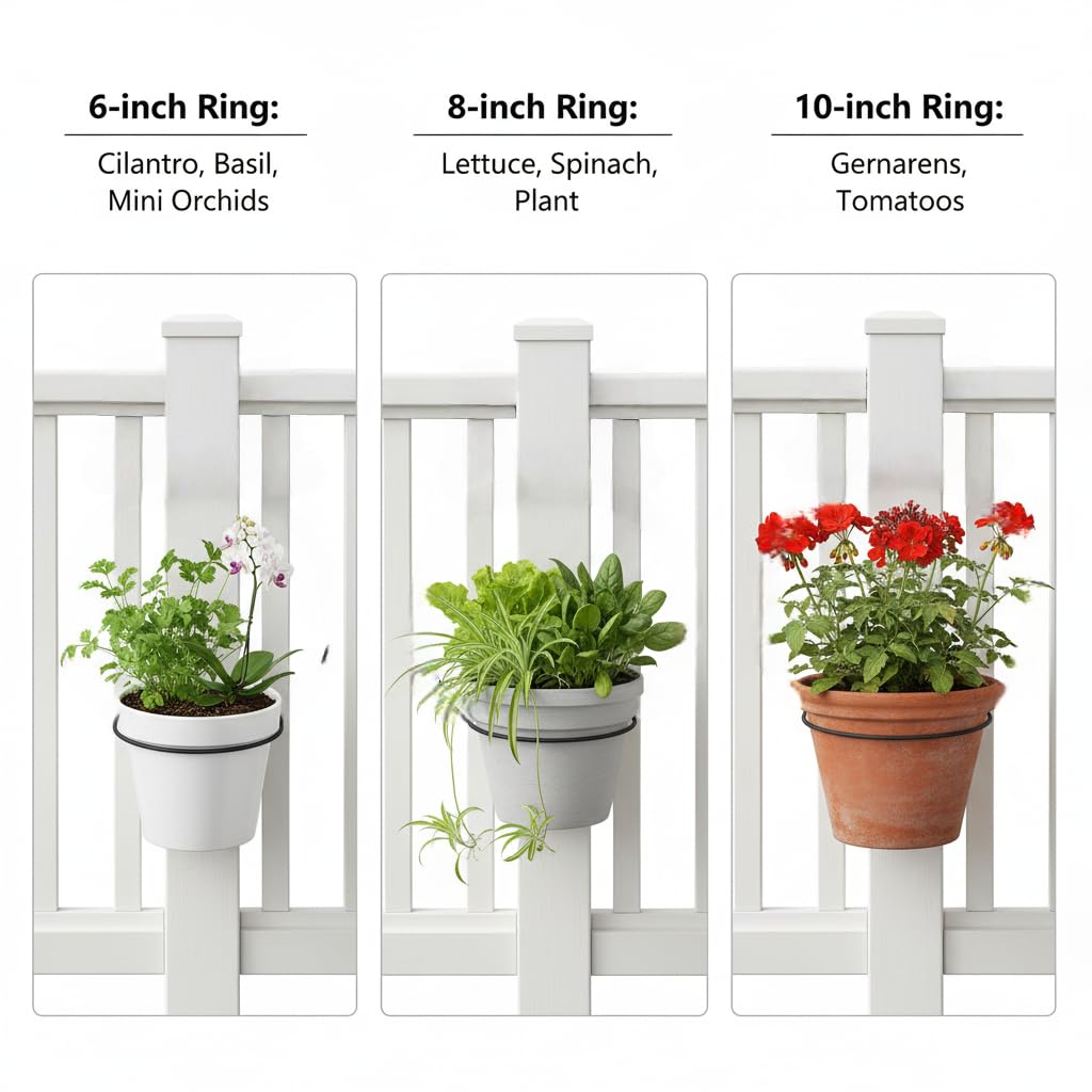 Vercome Hanging Flower Pots Holder-Deck Railing Plant Container Holder for Round Pot Planters (6") Hanging Bucket Flower Pot Holder for Patio Balcony Outdoor Plants 2 Pack