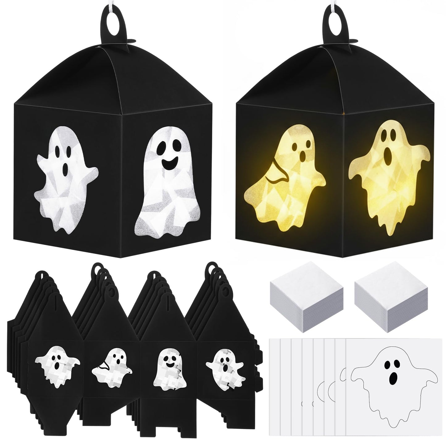 VIHOSE 16 Sets Halloween Ghost Paper Crafts Tissue Paper Lanterns Craft Kits Bulk Make Your Own Suncatchers Hanging Ornament DIY Spooky Supplies for Halloween Party Trick or Treat Party Decors