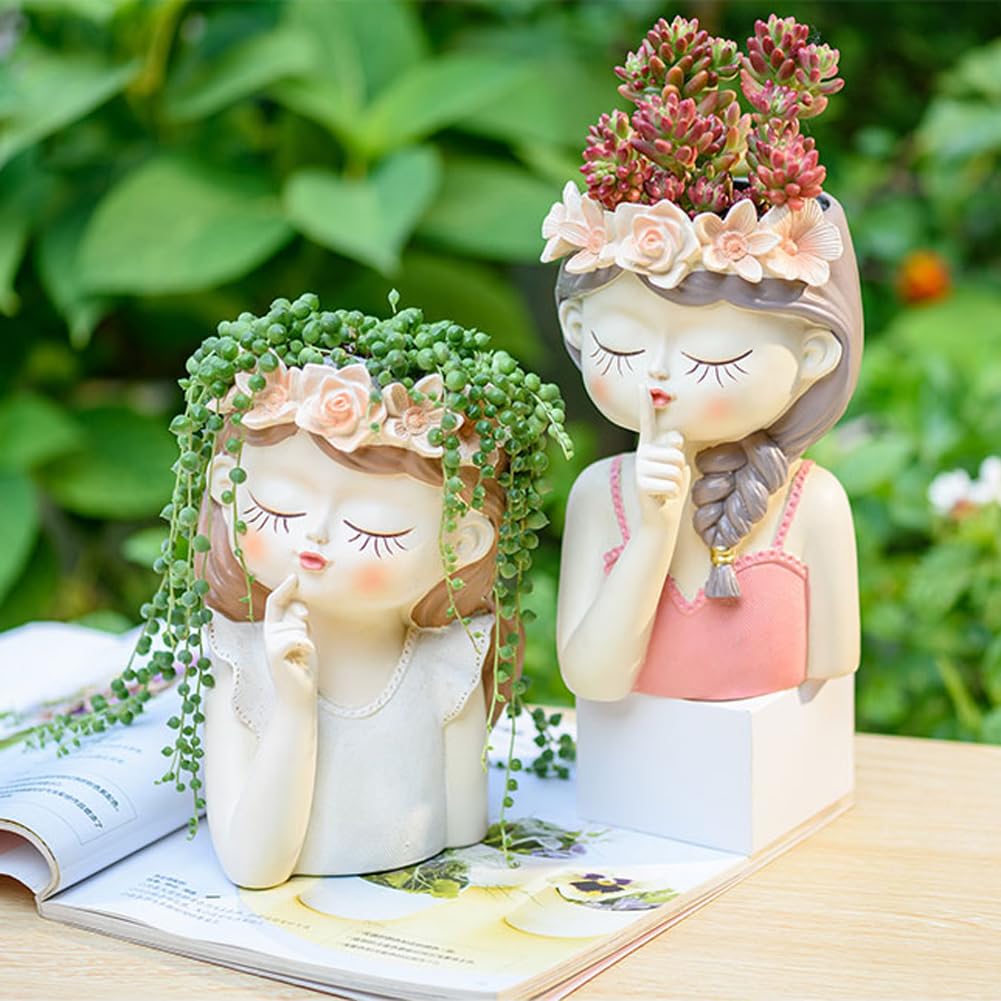 Snowy sunday Adorable Fairy Girl face Succulent Pot with Drainage Hole, Resin Head Planter Pot for Indoor Plants, Decorative Flower vase,Gifts Idea for Lady (Medium-Tranquility)