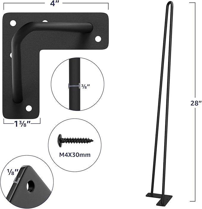 SMARTSTANDARD Hairpin Table Legs 30 Inch, 3/8" Solid Metal Legs