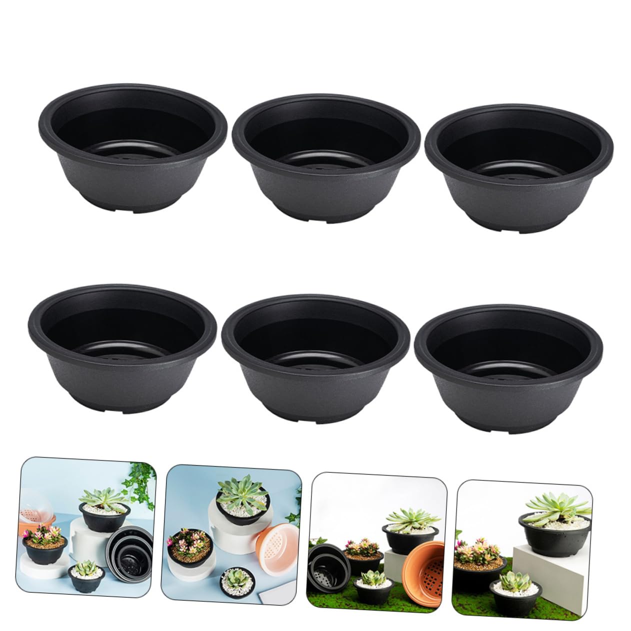 KONTONTY 6.10 Inch Shallow Plastic Succulent Planter Set of 6 Hollow Bottom Lightweight Flower Pots for Indoor Outdoor Gardening and Plant Containers