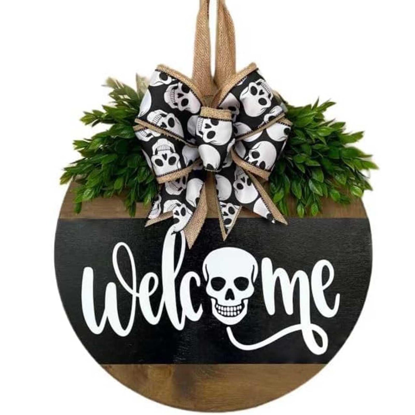 HONYUEYIM Halloween Wooden Hello Boo Ghost Bow Door Sign(Skull)
