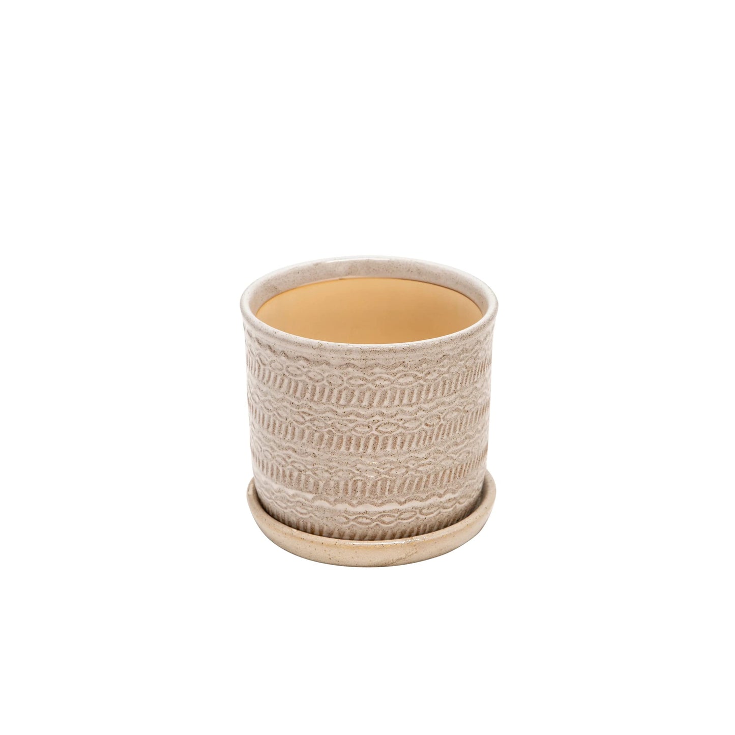 Sagebrook Home Set of 2 Stoneware Ceramic Planters with Saucers –Decorative Indoor & Outdoor Plant Pots – Modern Home & Garden Décor – Ivory & Tan Textured Tribal Design 6" & 8"