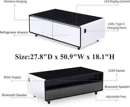 Smart Coffee Table with Fridge and Bluetooth, Smart Refrigerator Table with Dual Speakers, 15W Wireless Charger, Control Panel, Outlet Protection, USB Port, Atmosphere Light, LT135 Pro-White