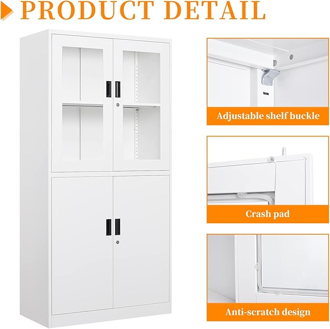 Metal Storage Cabinet with Doors and Shelves, 2 Adjustable Shelves, 4 Doors