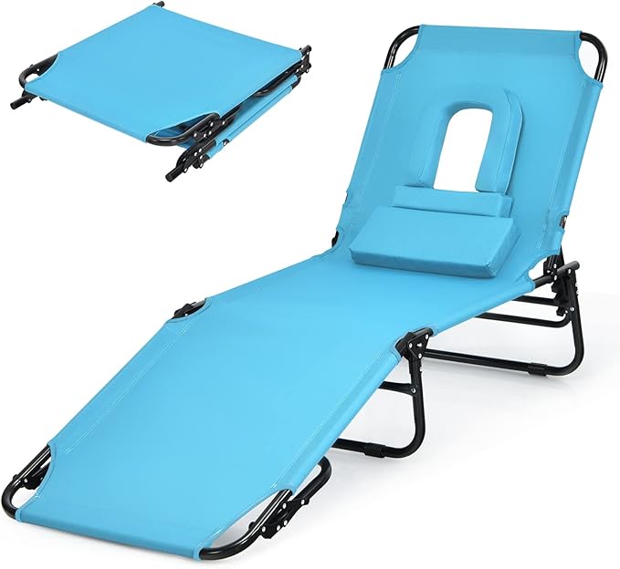 Folding Beach Lounge Chair w/ 5 Adjutable Backrest & Padded Pillow, Sunbathing