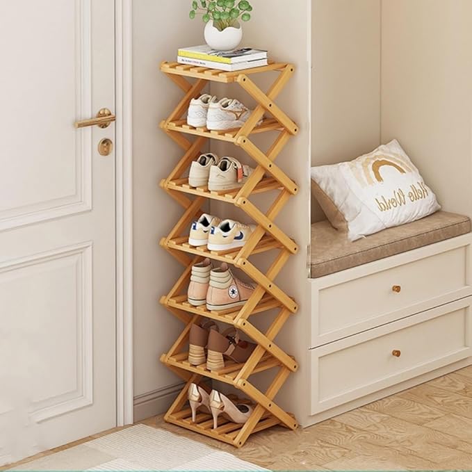 Foldable Shoe Rack, Bamboo Vertical Shoe Organizer Tall