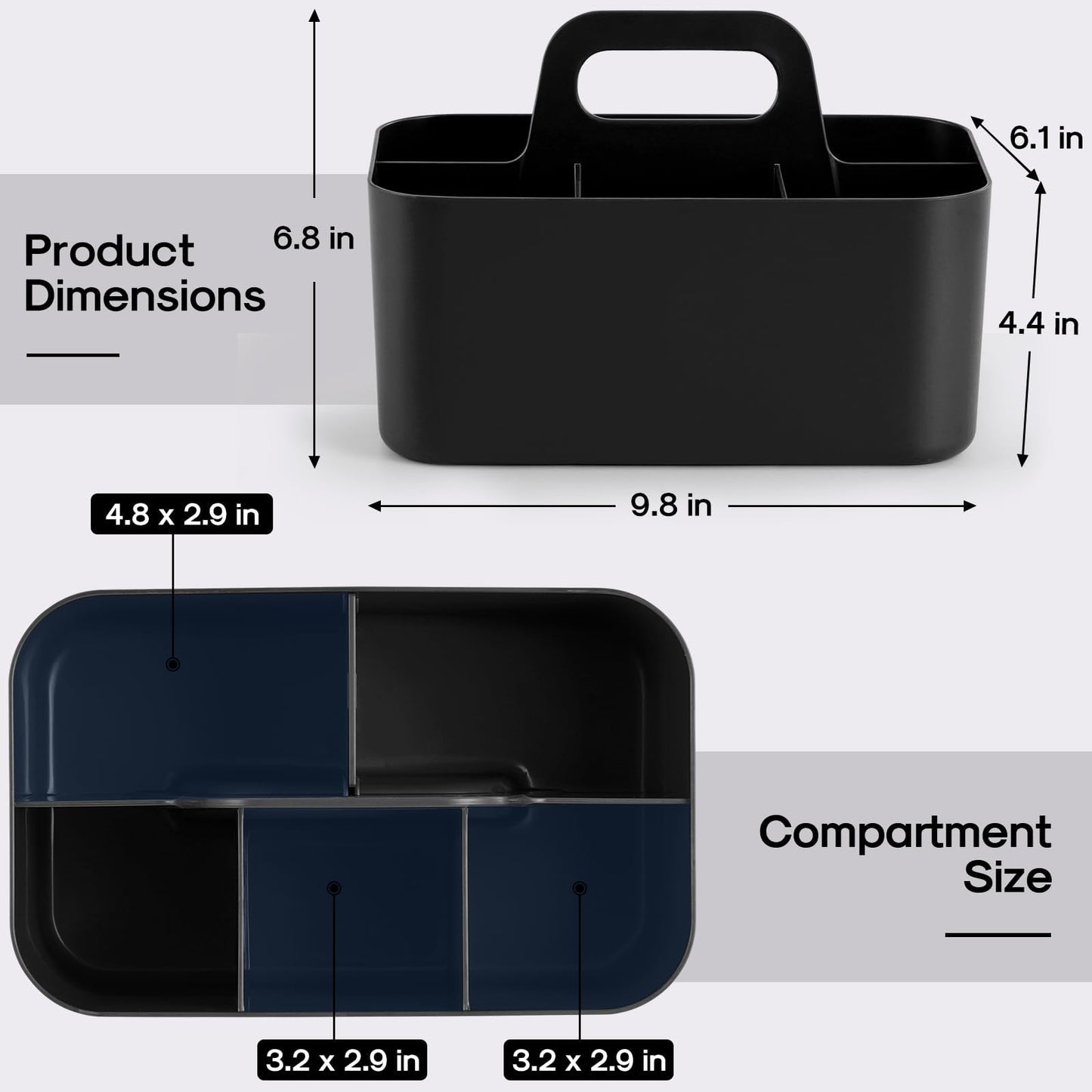 Multiuse Caddy Organizer with Handle, Portable Divided Plastic Tote Bin - Art Craft, Stationary Pen Marker Crayons, Makeup Hair Supplies Storage - Bathroom, Classroom, Dorm, Office, Desk Holder -Black