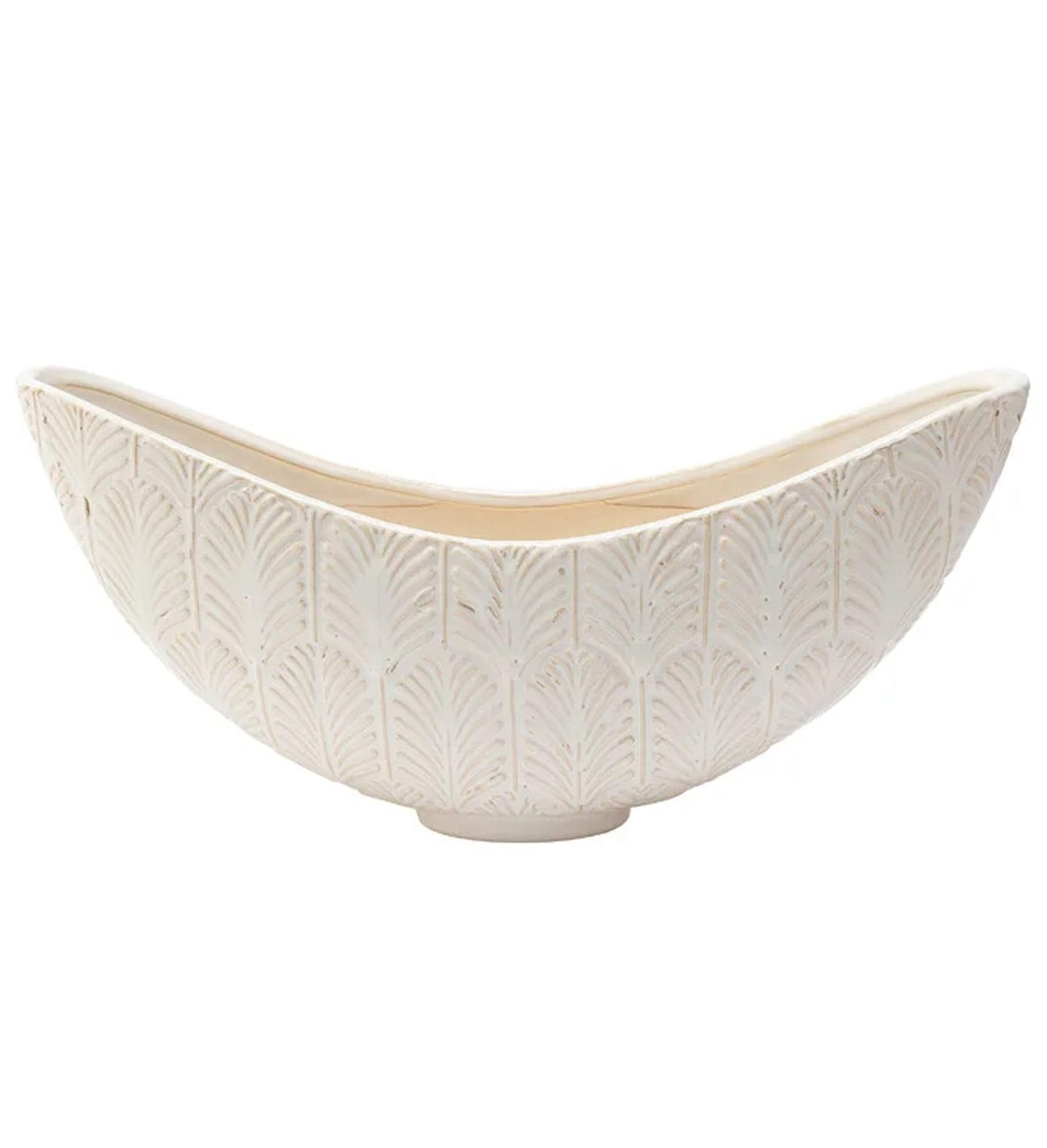 Napco Embossed Floral Leaf Wide Boat 15 x 7.5 x 5 inches Distressed White Ceramic Flower Succulent Plant Pot Planter Container Holder, Indoor Outdoor Garden Décor