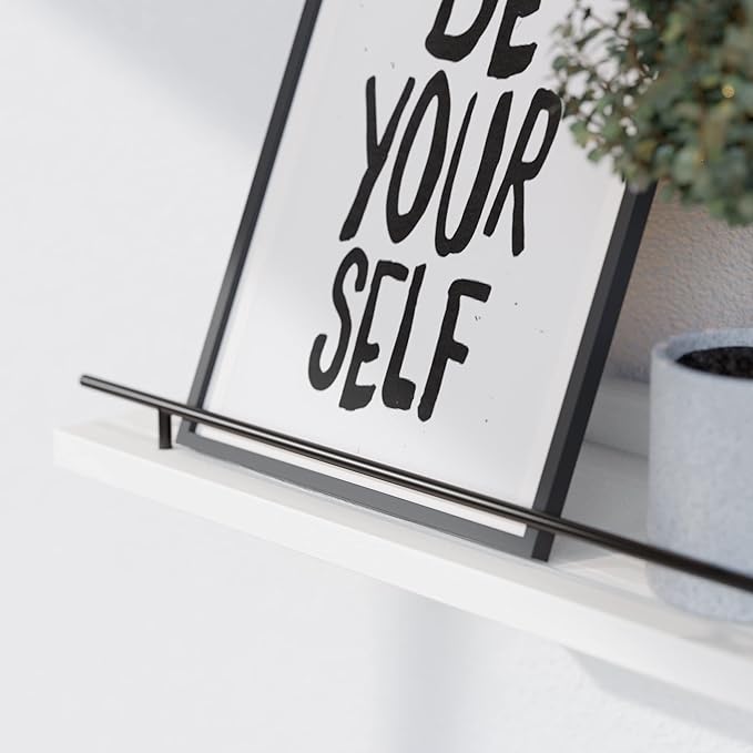 WOPITUES Floating Shelves with Black Metal Guardrail, Shelves