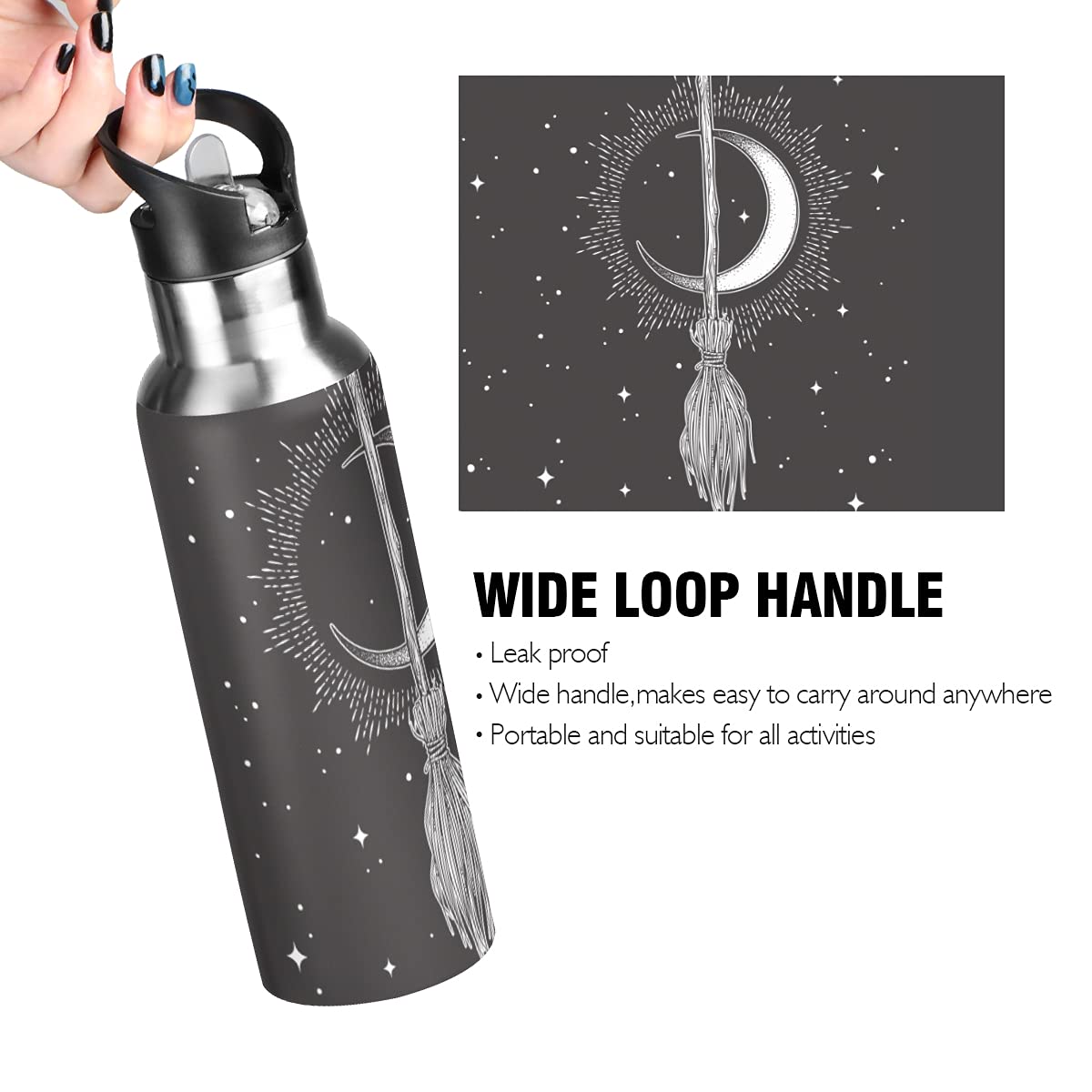 Yasala Halloween Sport Water Bottle Witch Moon Broom Stainless Steel Insulated Coffee Cup 20 oz with Straw Lid, Festive Holiday Present