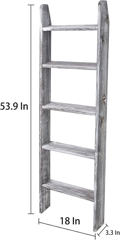 Rustic 5-Tier Wall-Leaning Wood Loadder Towel Racks for Bathroom Livingroom Kithen Office Woden Farmhouse Ladder-Style Blanket Rack Multipurpose Organizer Rack for Home (Grey)