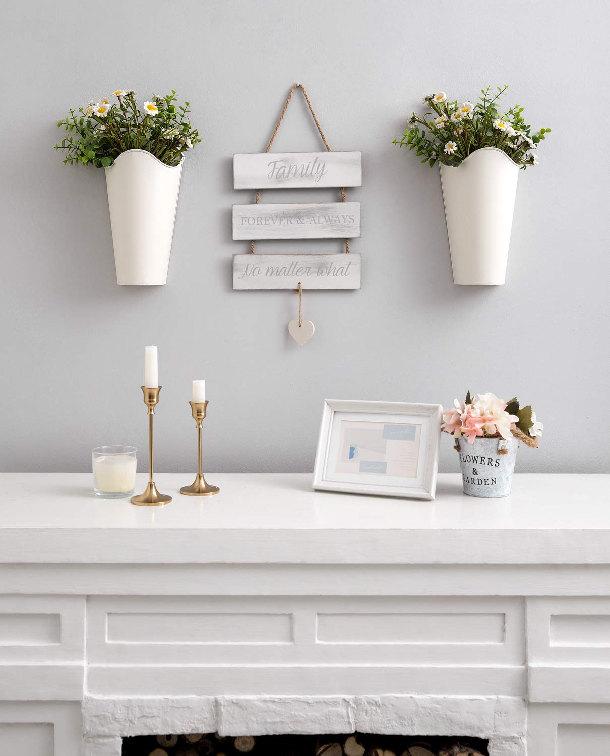 Mkono Galvanized Metal Wall Planter Farmhouse Wall Vase for Artificial Plants Flowers, Rustic Hanging Fake Flowers Holder Country Home Bedroom Living Room Decor Set of 2, White, Small