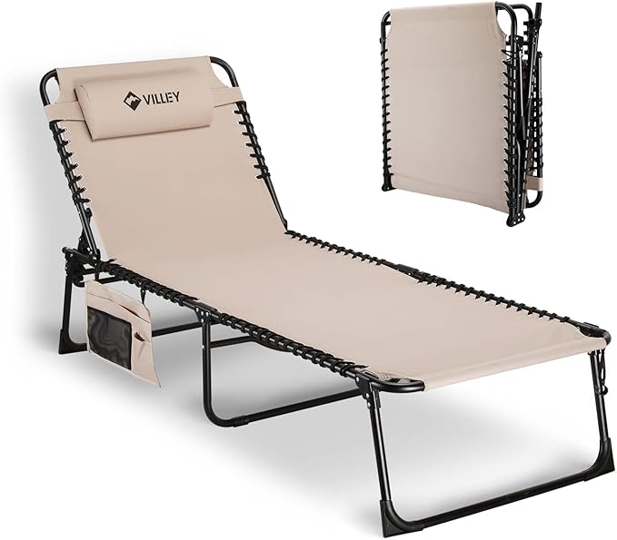 VILLEY Oversized Chaise Lounge Chair, Heavy-Duty Folding Outdoor Lounge Chair