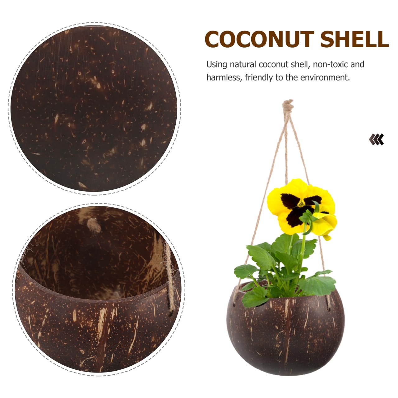 GANAZONO Coconut Shell Hanging Planter with Rope - Natural Indoor & Outdoor Hanging Pot for Orchids and Small Plants Eco-Friendly Round Coconut Planters for Home and Balcony Decor