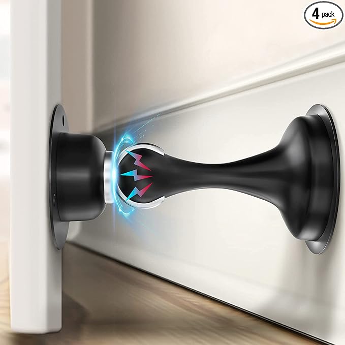 Door Stoppers Magnetic Door Catch - Stainless Steel Heavy Duty Door Holder Stops for Bottom Top of Door - Wall Floor Mounting No Drill 3D Adhesive & Screws Strong Magnet Keep Door Open 4 Pack