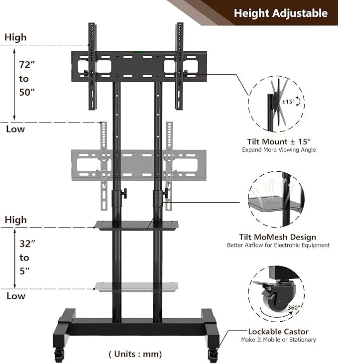 Mobile TV Stand Rolling TV Cart Floor Stand