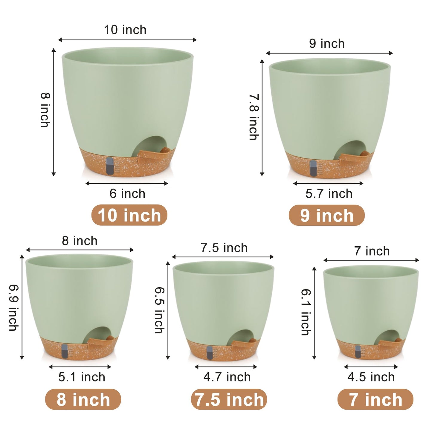QRRICA Plant Pots 10/9/8/7.5/7 Inch Self Watering Pots, with Drainage Holes and Saucers,Water Level Indicator & Deep Reservoir,Large Plastic Planter for Indoor Out Door Plants (Green)
