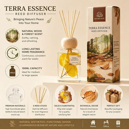 Terra Essence Reed Diffuser Set, Natural Wood & Forest Scent, Long Lasting Home Fragrance with Dried Leaves Decor, 100ml Essential Oil Diffuser for Living Room, Bathroom, Office, 3.4 FL OZ