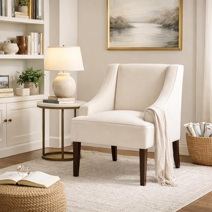 Homepop Upholstered Classic Swoop Arm Accent Chair Home Décor, Warm Ivory