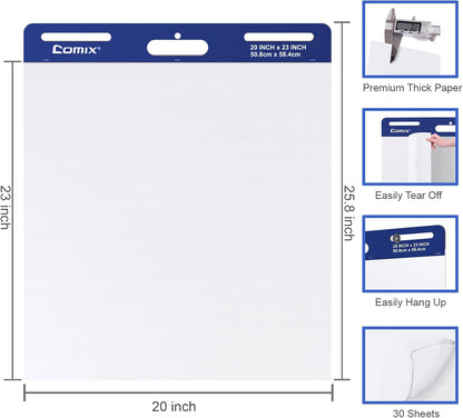 Comix Sticky Easel Pad, Large 20 x 23 Inches Flip Chart Paper for Teachers, Businessmen, Office Workers, Self Stick Easel Paper, 30 Sheets/Pad, 3 Pads/Pack