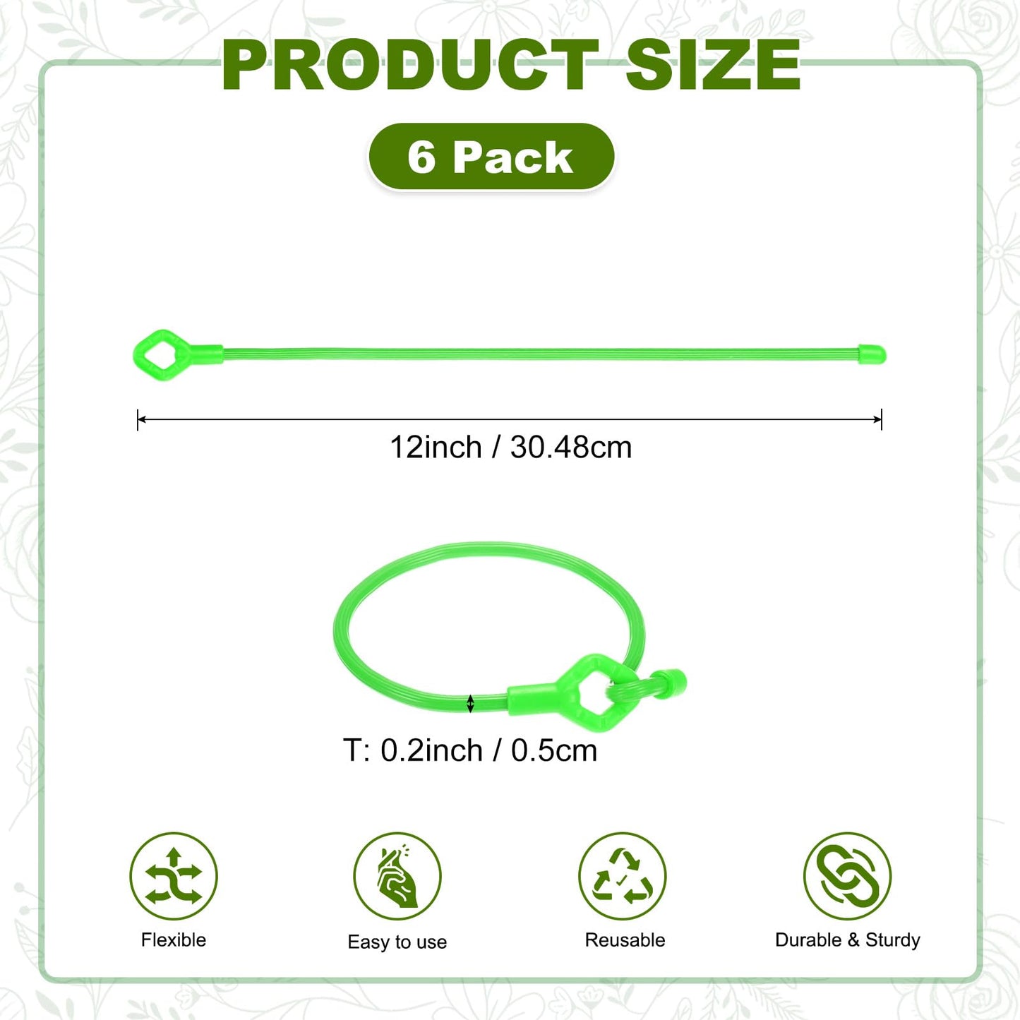 M METERXITY 6-Pack Adjustable Plant Ties, 12inch/30.48cm Silicone Flexible Multi-Function Sturdy Garden Twist Tie for Plant Support/Tree/Shrub/Vine, Reusable Support Twine [Green]