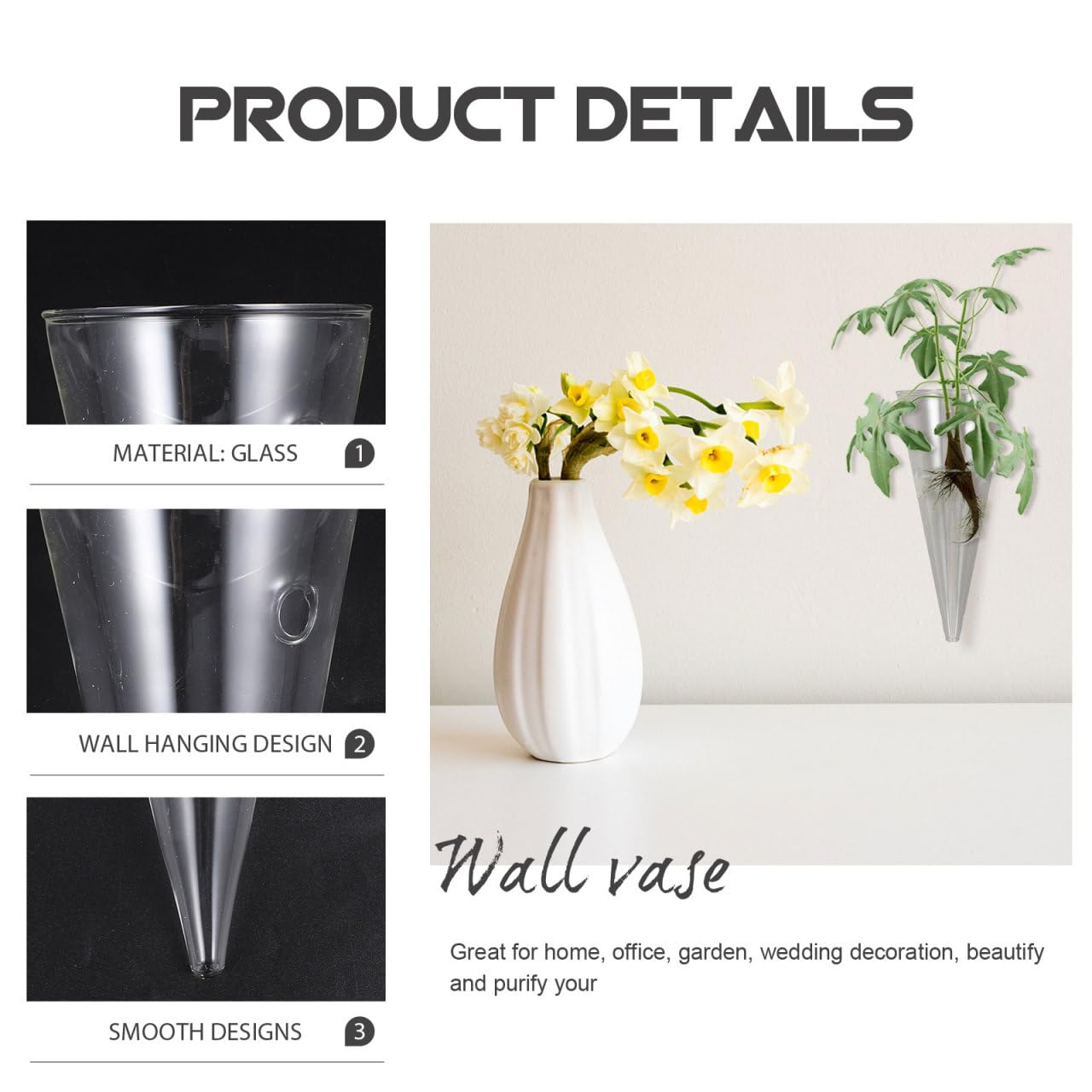 Cone Shaped Wall Vase: Clear Glass Hanging Planter - Reusable Wall Mounted Flower Vase for Succulent, Hydroponic Plant Propagation & Modern Home Decor