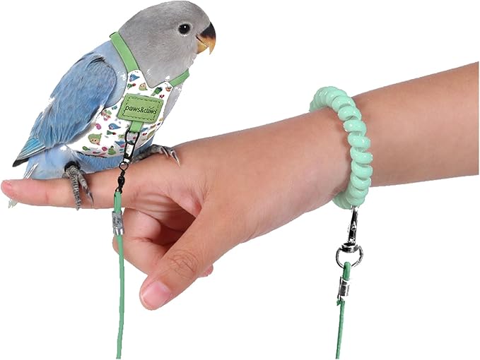Bird Harness Leash Set Adjustable Vest Anti-Lost Wrist Strap for Parakeet Cockatiel Conure Lovebird (Green, Caique Parrot 13 * 7.5cm/6g)