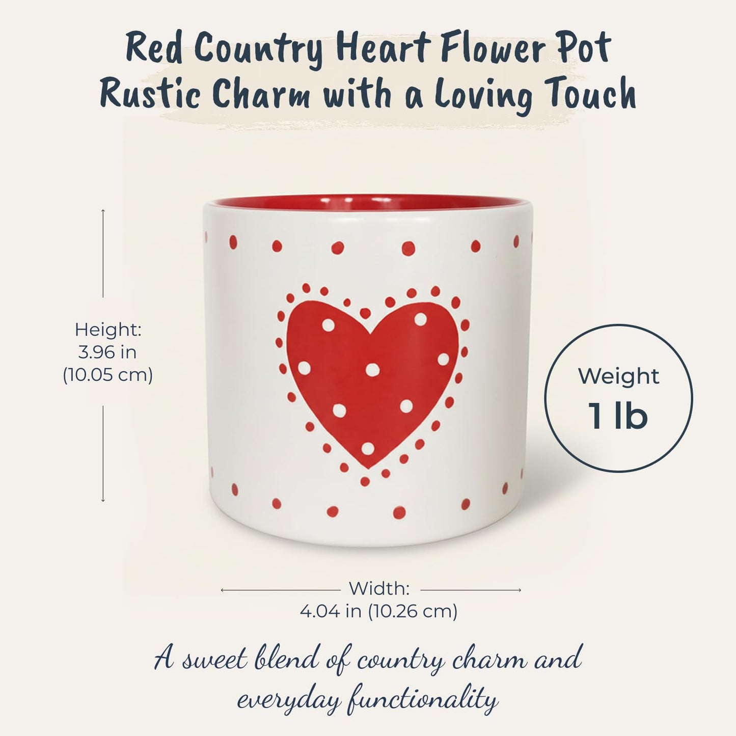 Blue Sky Clayworks Red Country Heart 4'' Flower Pot, Cherry Dot Charm for Tiny Greens