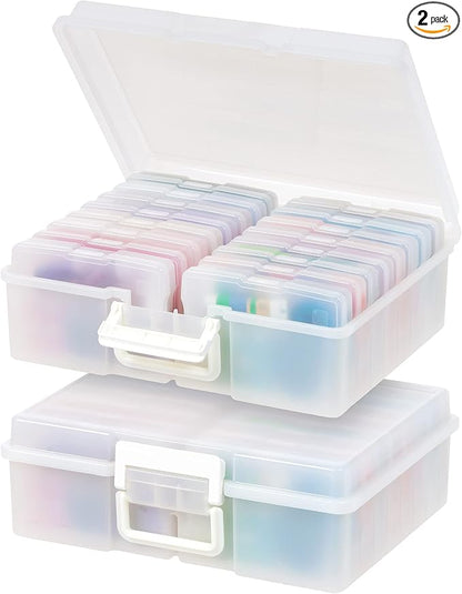 IRIS USA 4" x 6" |Made in USA| 2-Pack Photo Organizers and Picture Storage Box with Handle, 16 Inner Cases/Containers for Tasks, Stickers, Ephemera, & Flashcards - Pearl