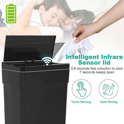 BestOffice 13 Gallon Trash Can Automatic Kitchen Trash Can Touch Free High-Capacity Garbage Can with Lid for Bedroom Bathroom Home Office 50 Liter (Black, 1) (2, Black)