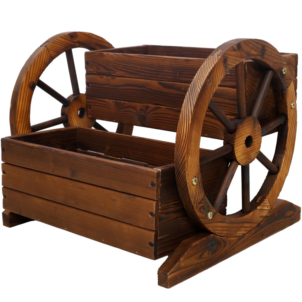EASTALOLO Wooden Wagon Planter Box, Premium 2-Tier Garden Planter with Wheels, Decorative Planter for Flowers, Herbs & Vegetables, Ideal for Indoor & Outdoor Patio, Garden, Balcony Décor