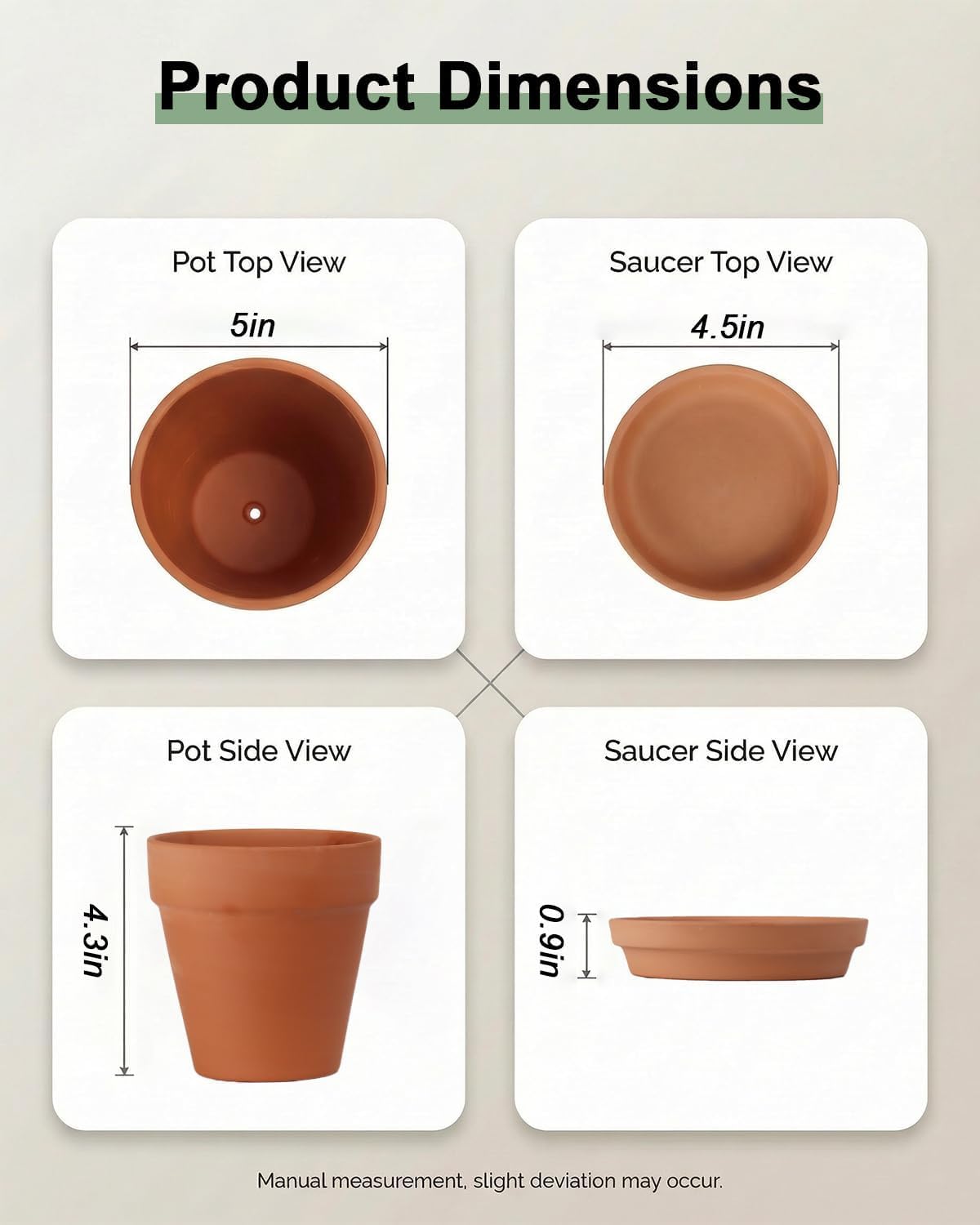 Riseuvo 5 Inch Terra Cotta Pots with Saucer - 6 Pack Clay Flower Pots with Drainage, Great for Plants, Crafts, Wedding Favor (5 inch)