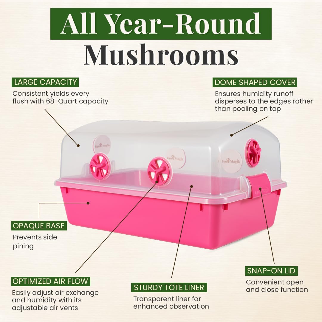 Gro Magik Premium Mushroom Monotub Grow Kit [XLarge, 68Q] Portable and Compact Fruiting Chamber with Plugs, Filters and Adjustable Air Vents, 22.8 x 15.7” x 12”, Pink